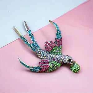 Blue Rhinestone Swallow Bird Sparkly Dangle Brooch Pin